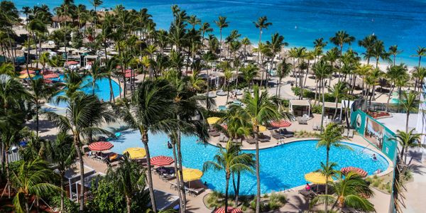 A tropical resort pool area with palm trees and colorful umbrellas by the ocean.