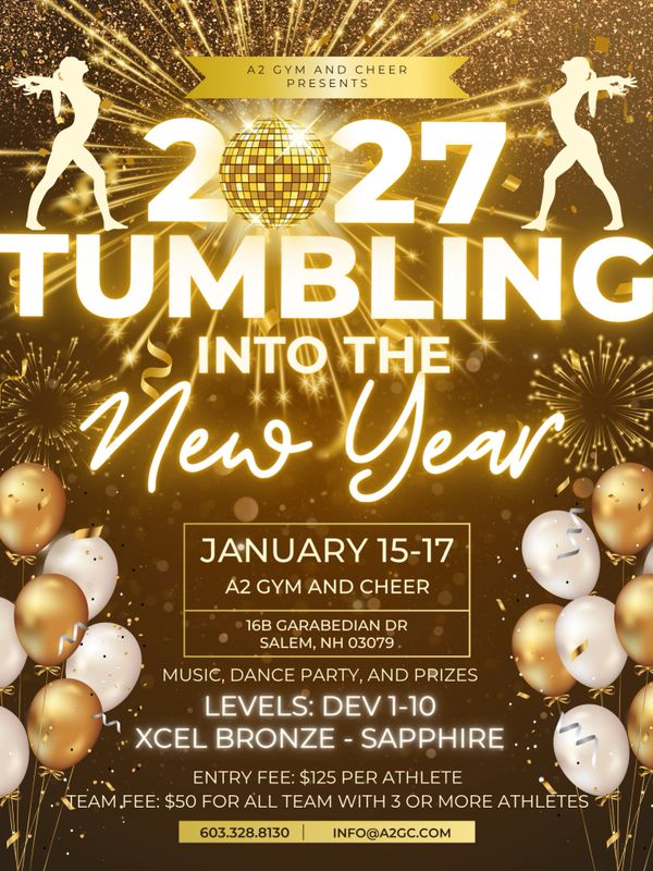 2027 Tumbling into the New Year event with music, dance, and prizes at A2 Gym and Cheer.
