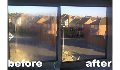 Window showing a foggy side and a clear side after cleaning.
