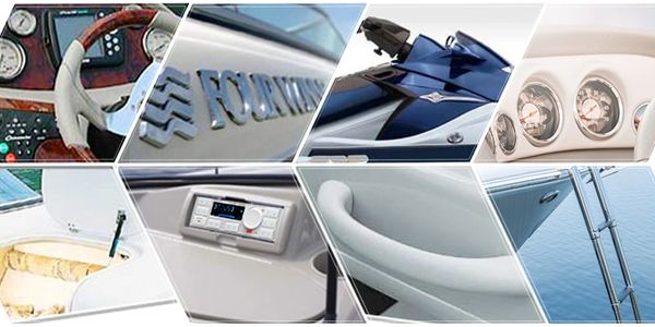 Collage of marine boat components including steering, gauges, and hardware.