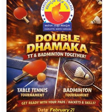 Double Dhamaka event featuring table tennis and badminton tournaments in Charlotte, North Carolina.