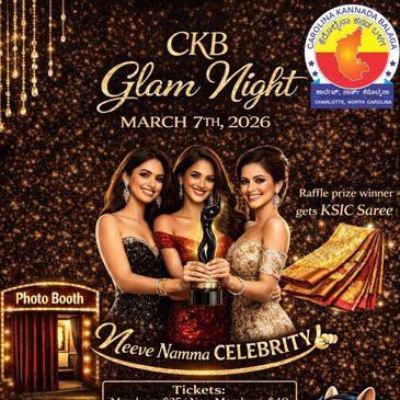 Three women in glamorous dresses holding a trophy at CKB Glam Night 2026 event poster.