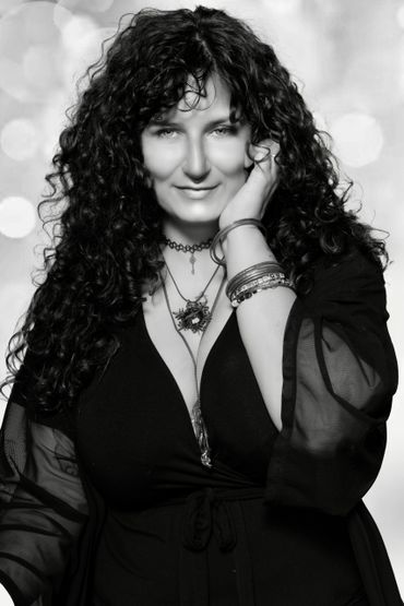 Black-and-white portrait of female