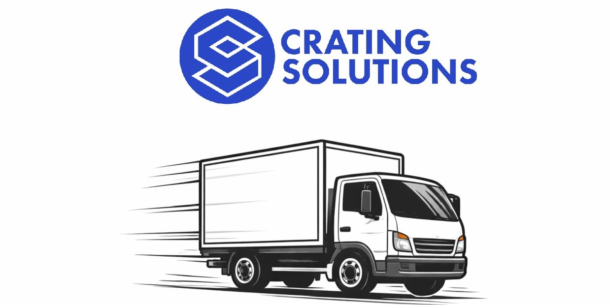 Logo of Crating Solutions with a fast-moving delivery truck illustration.