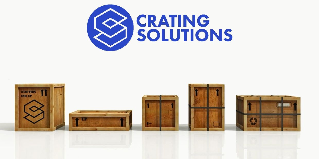 Wooden crates of various sizes under a Crating Solutions logo.