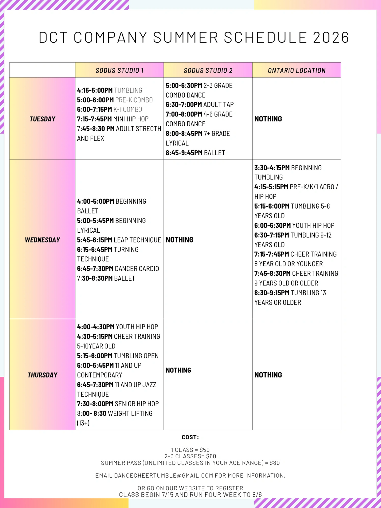 DCT Company Summer Schedule 2026 with dance classes across three locations from Tuesday to Thursday.