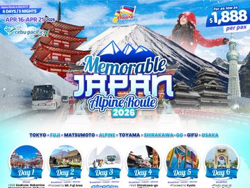 Travel poster for a 6-day Japan Alpine Route tour in April 2026, featuring iconic landmarks and snowy mountain scenery.