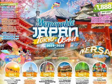 Colorful travel poster for a 6-day Japan tour from Tokyo to Osaka.