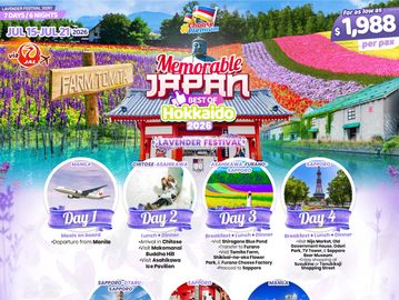 Colorful Hokkaido lavender fields with travel itinerary highlights for a Japan tour.