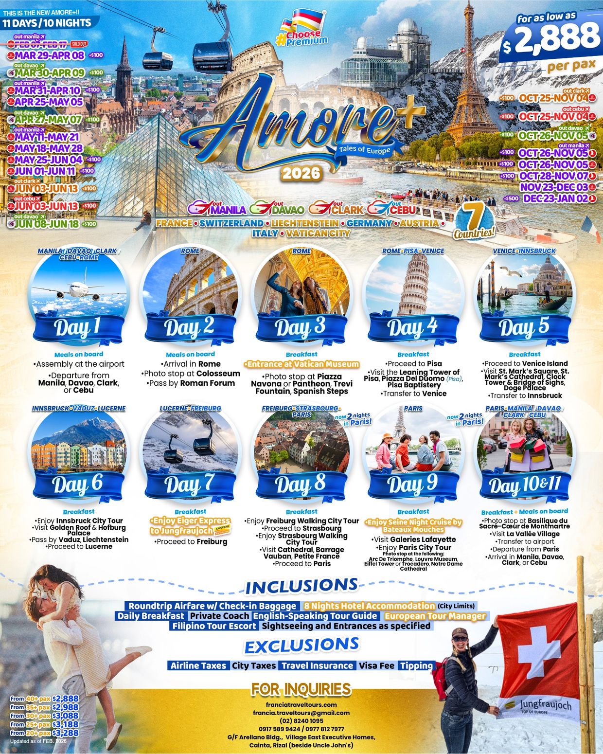 11-day European tour from Manila, Davao, Clark, or Cebu covering 7 countries with sightseeing and meals included.