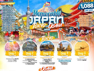 Colorful promotional poster for a 5-day Japan tour to Tokyo and Osaka in 2026.