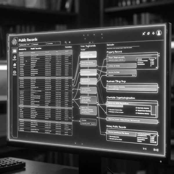 Futuristic red-themed digital public records interface on a computer screen.