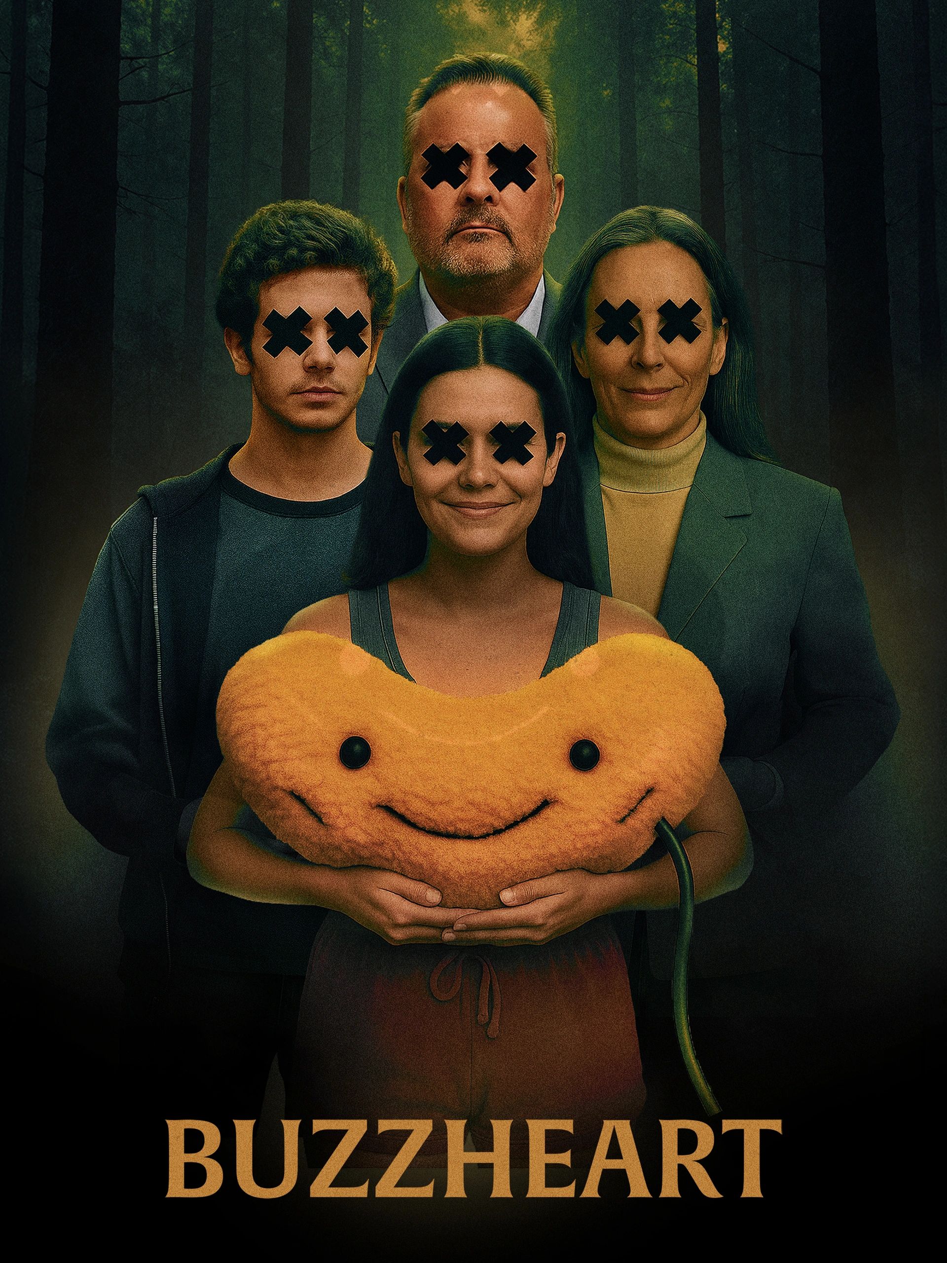 Four people with X-ed out eyes holding a large smiling pumpkin plush, in a dark forest.