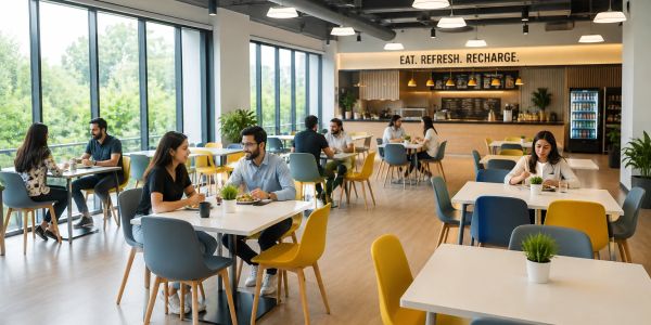 People enjoying meals and conversations in a modern cafeteria with large windows and colorful chairs.
