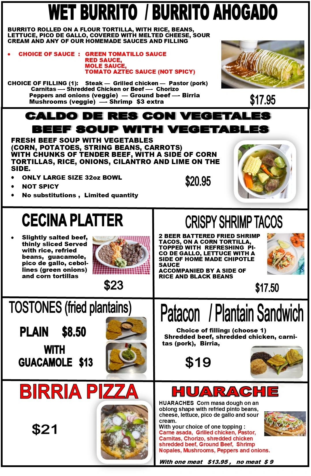 Menu featuring wet burrito, beef soup, crispy shrimp tacos, tostones, and birria pizza with prices.