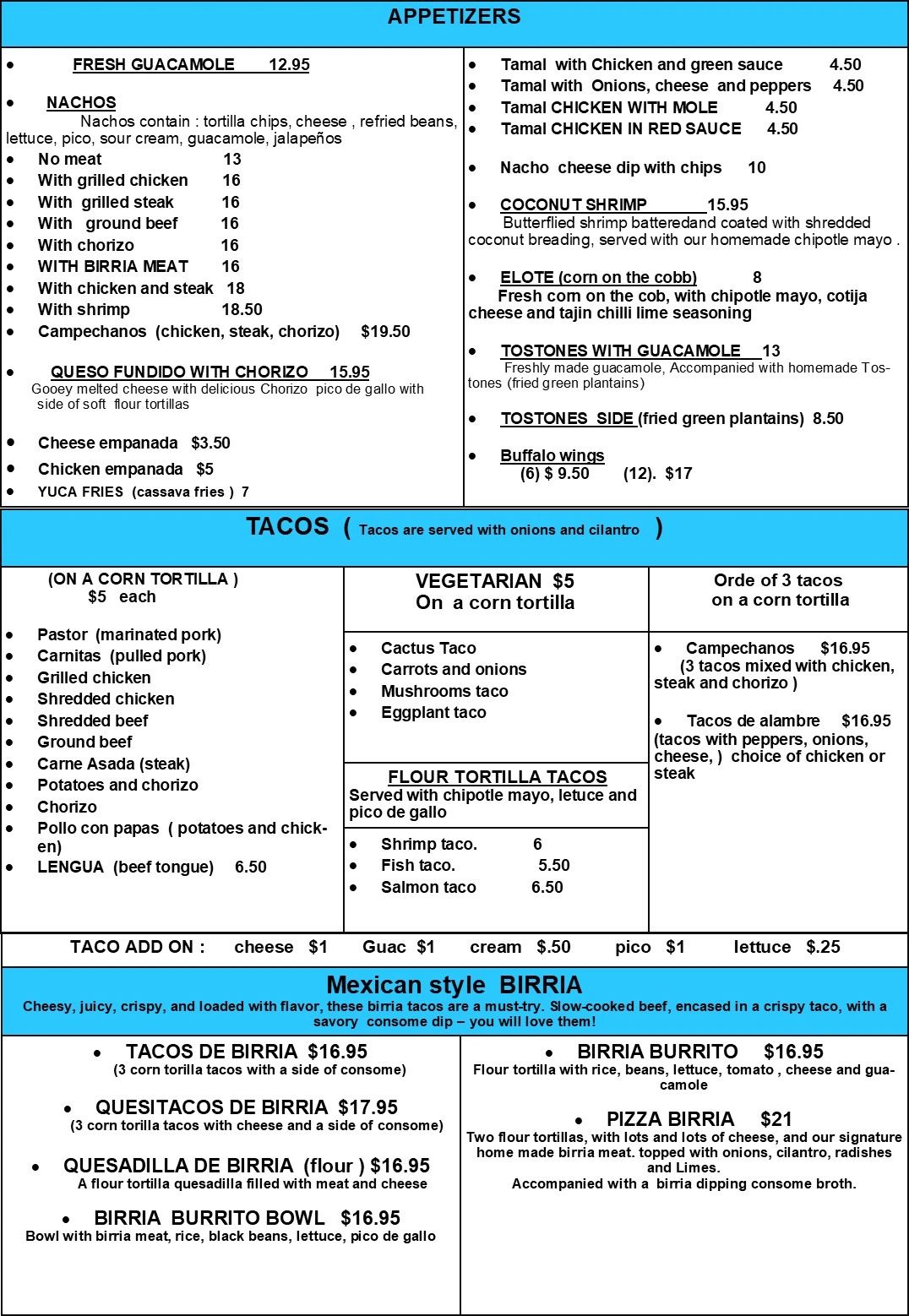 Mexican menu featuring appetizers, tacos, and birria dishes with detailed descriptions and prices.