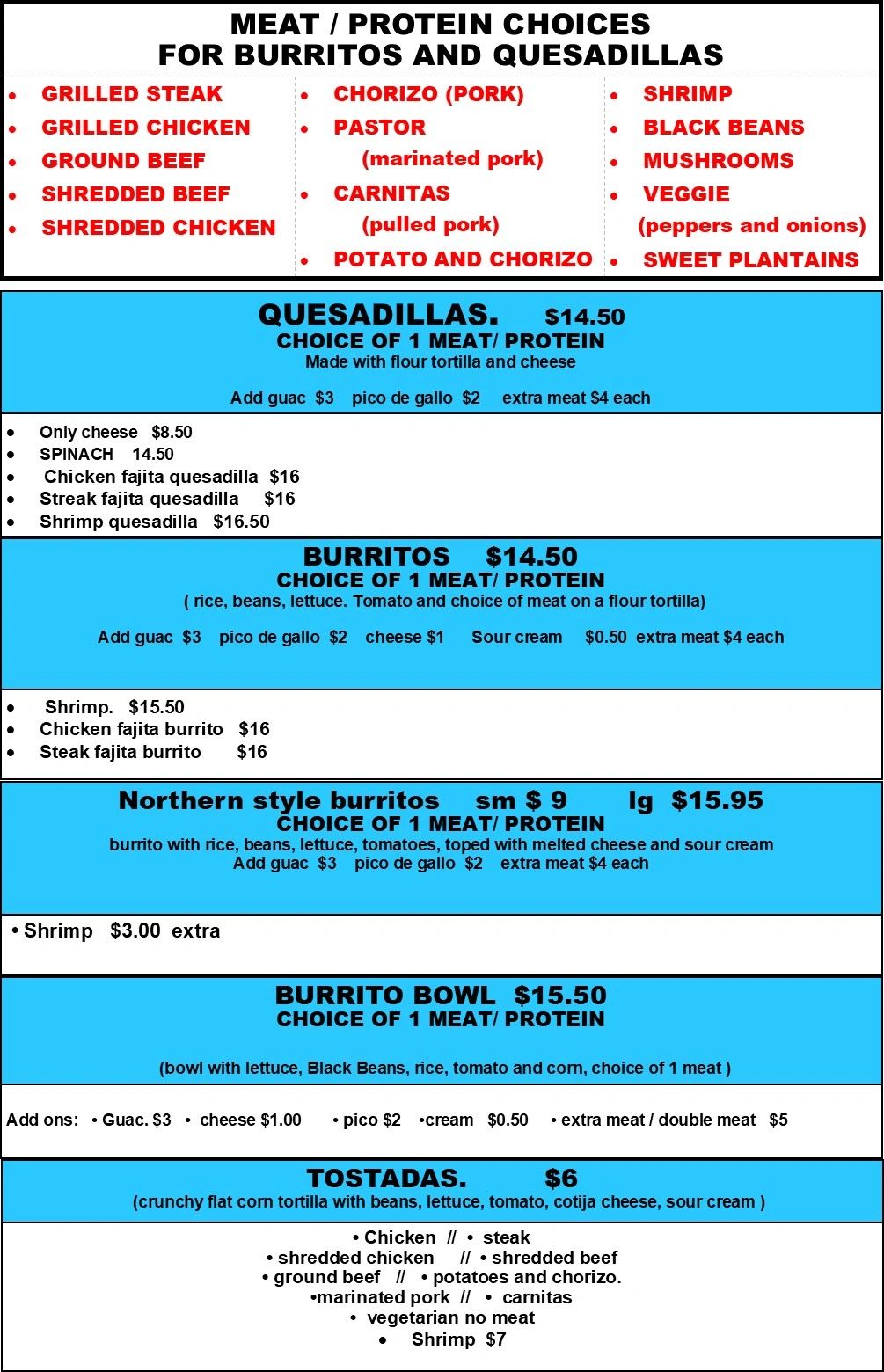 Menu offering various meats and proteins for burritos and quesadillas with pricing and add-ons.