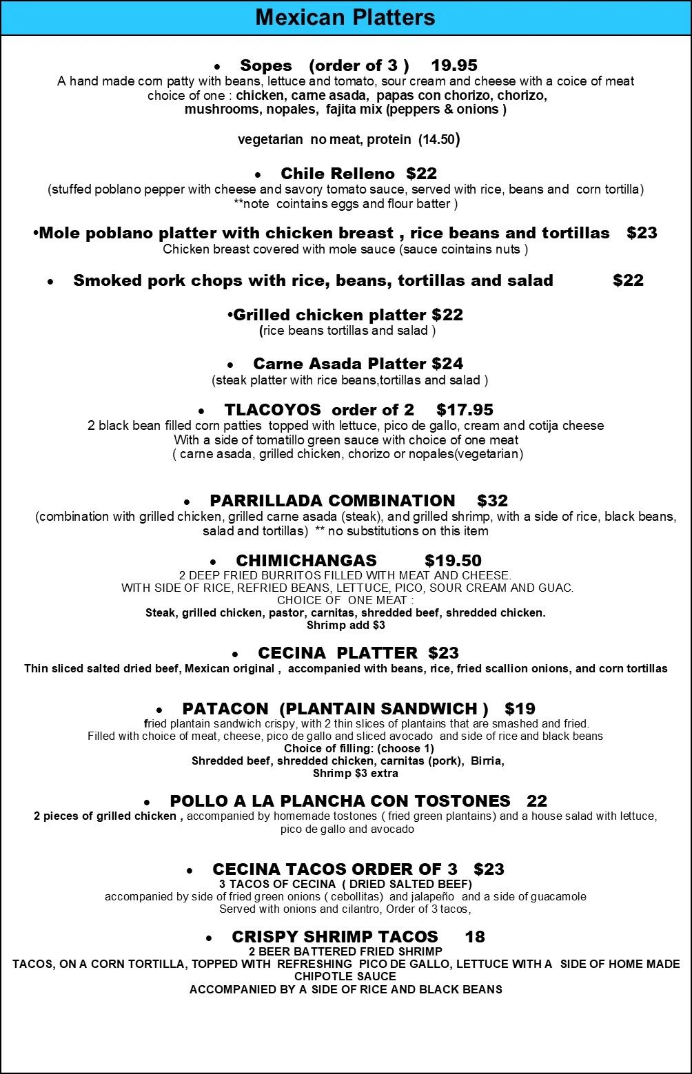 Menu listing Mexican platters with various meat and vegetarian options.