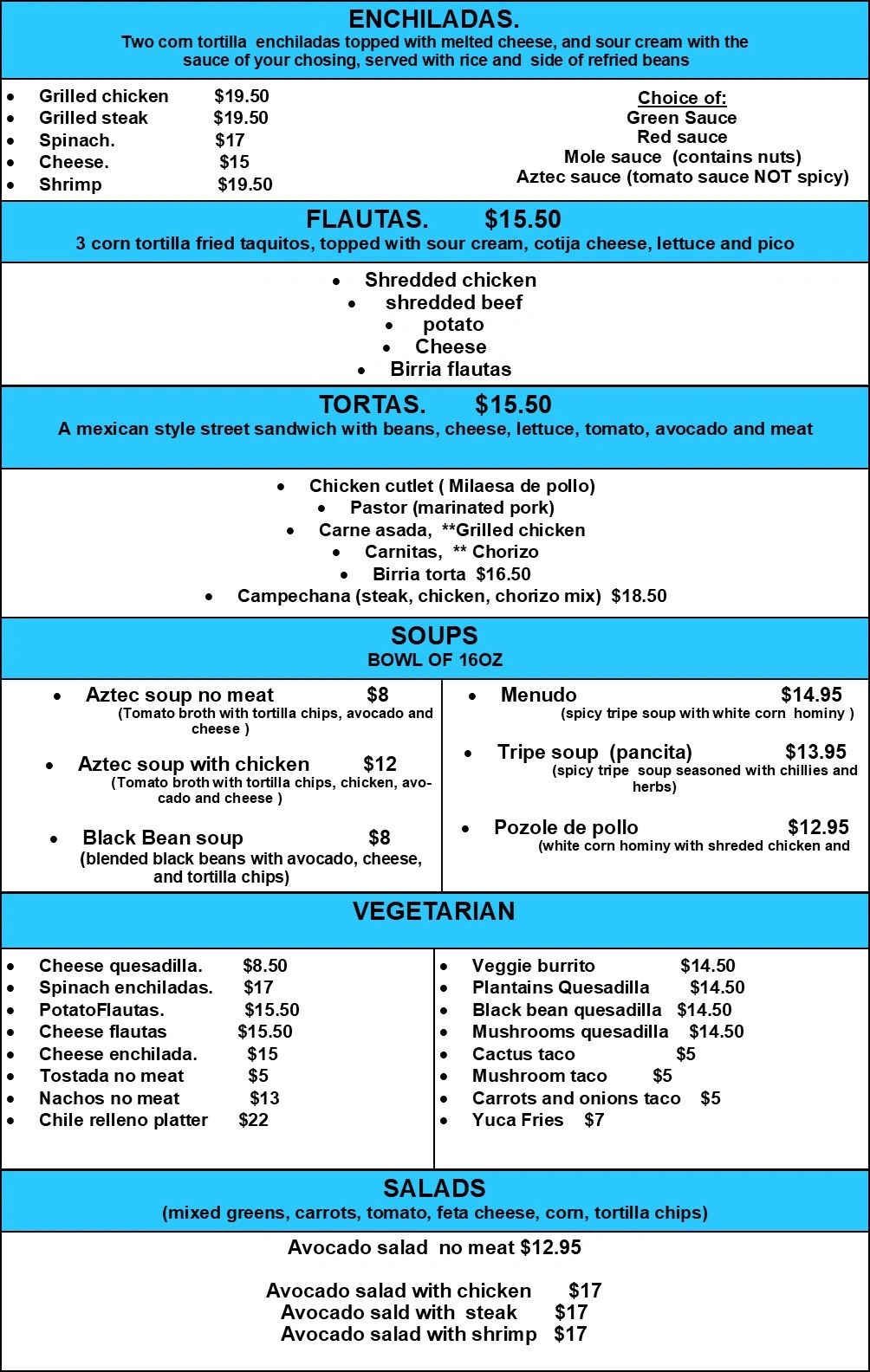 Mexican menu featuring enchiladas, flautas, tortas, soups, vegetarian options, and salads with detailed prices.