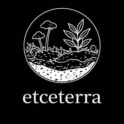 Black and white nature-themed logo with plants and mushrooms.