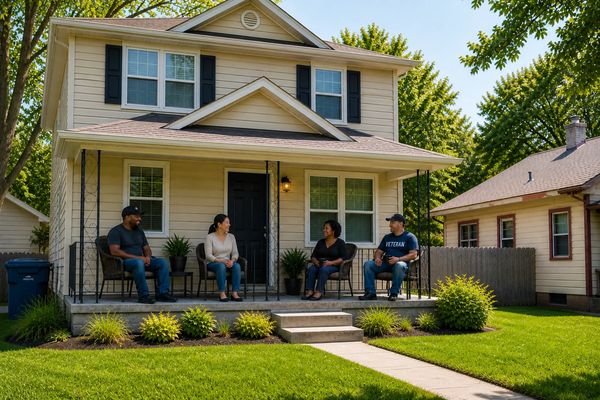 Four people sitting on chairs on a porch of a suburban house, talking and relaxing.