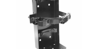Black metal wall mount bracket with adjustable clamp.
