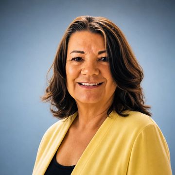 Smiling woman in yellow cardigan with a blue background.