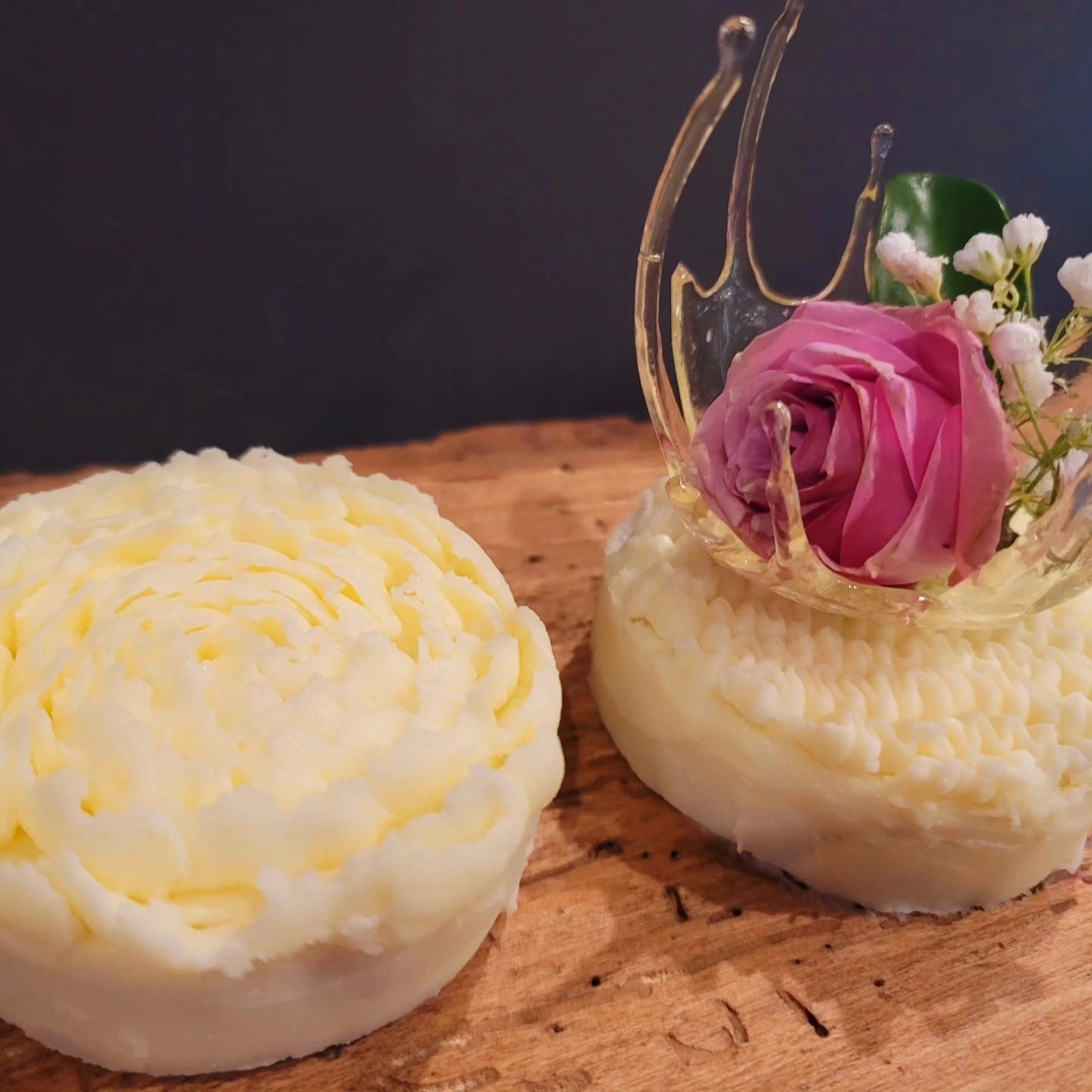 Red Velvet Cake Pucks in Cream Cheese Frosting.  Some are piped in Peony, while others are garnished