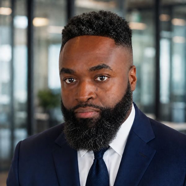 Confident man in a navy suit with a well-groomed beard and fade haircut.