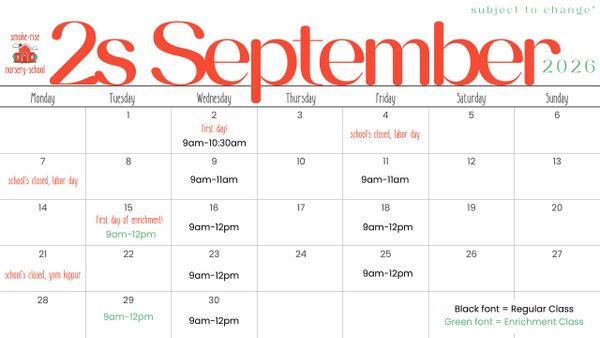 September 2026 calendar for 2s with school and enrichment class schedules.