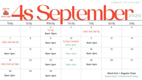 September 2026 calendar for 4s at a nursery school with class schedules and holidays.