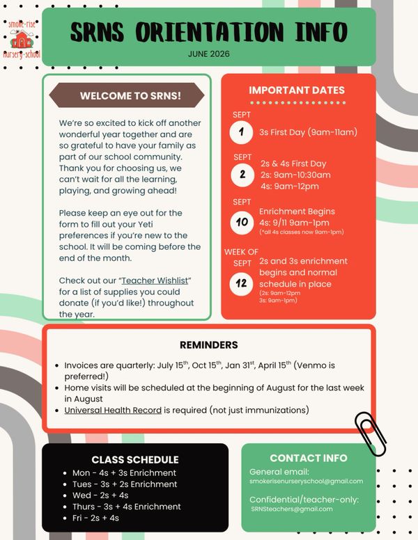 SRNS orientation info for June 2026 with important dates, reminders, class schedule, and contact details.