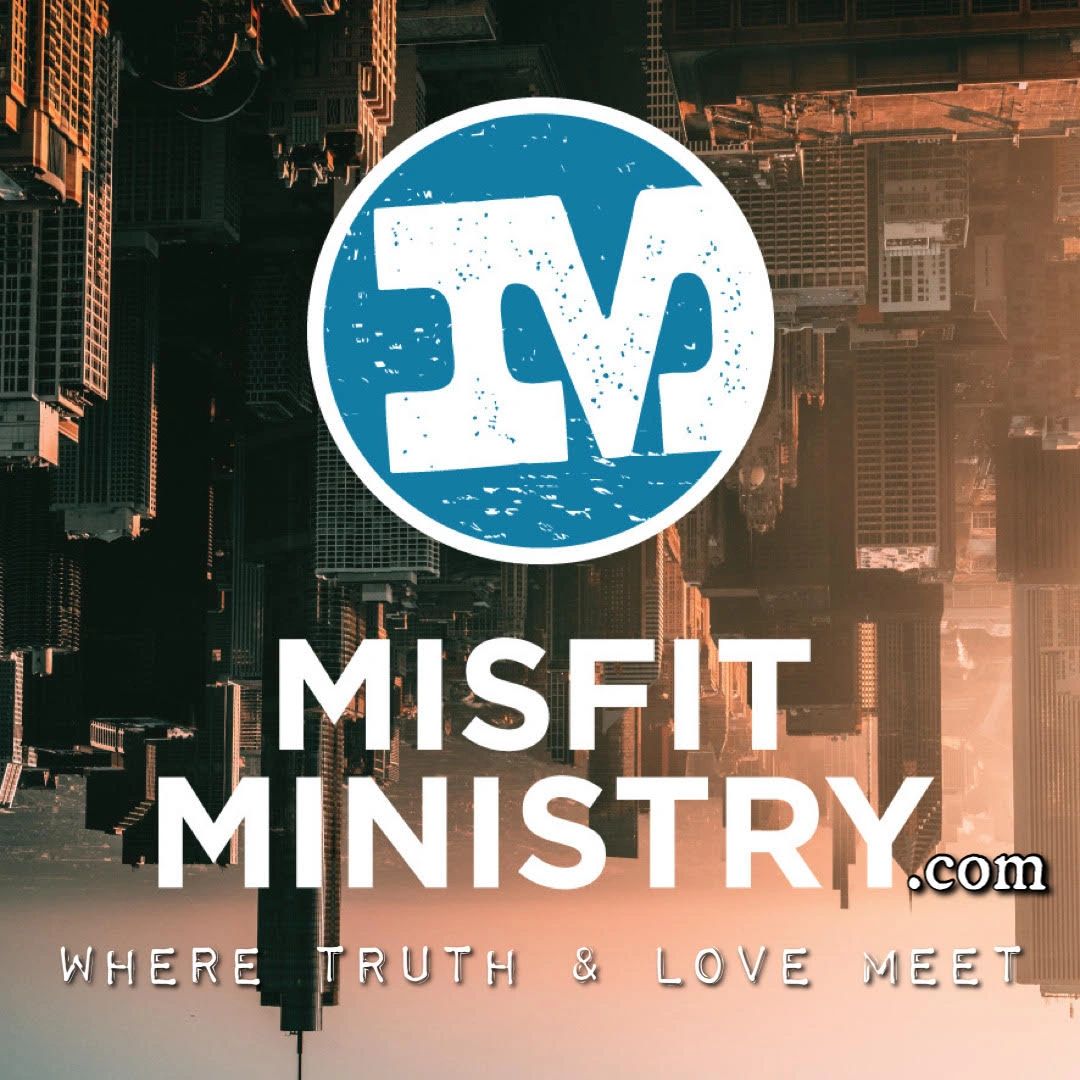 Misfit Ministry logo with cityscape background and slogan.
