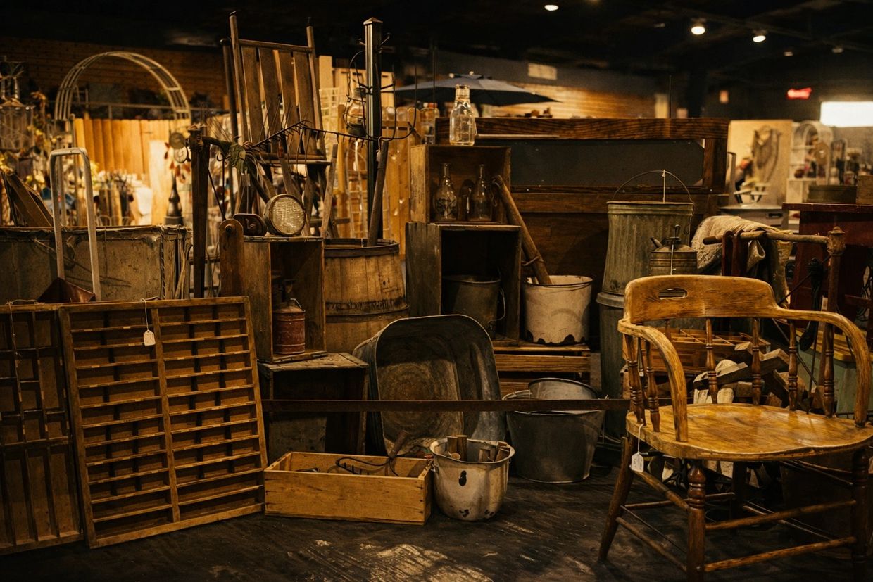 A collection of rustic wooden and metal vintage items in a dimly lit antique shop.