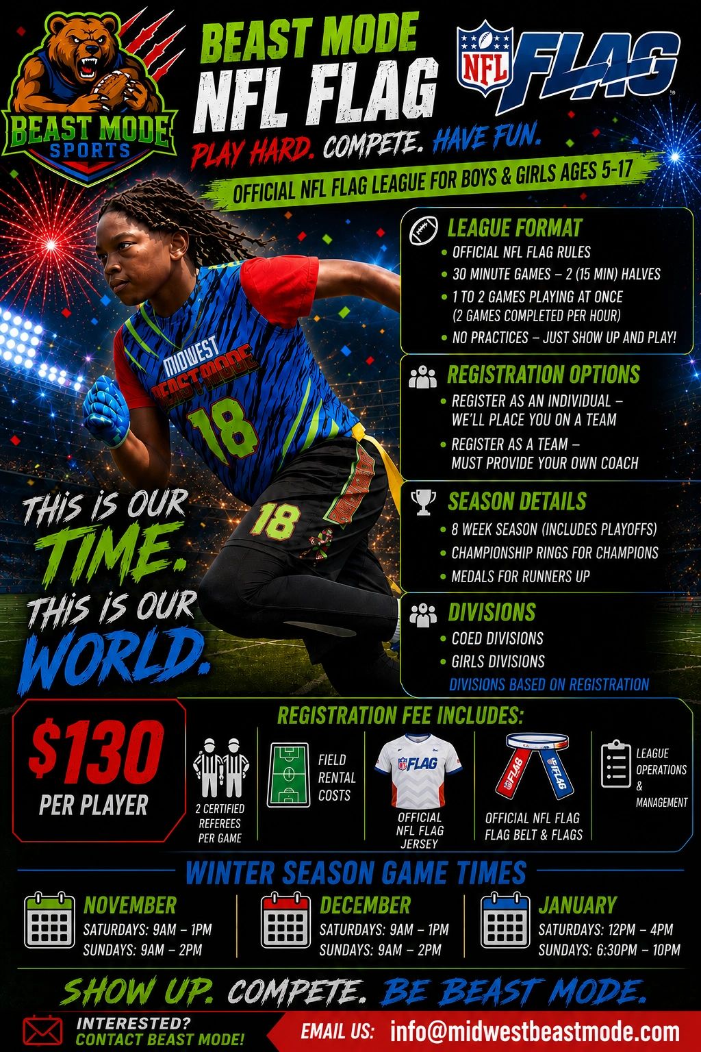 Youth NFL flag football league registration flyer for boys and girls ages 5-17.