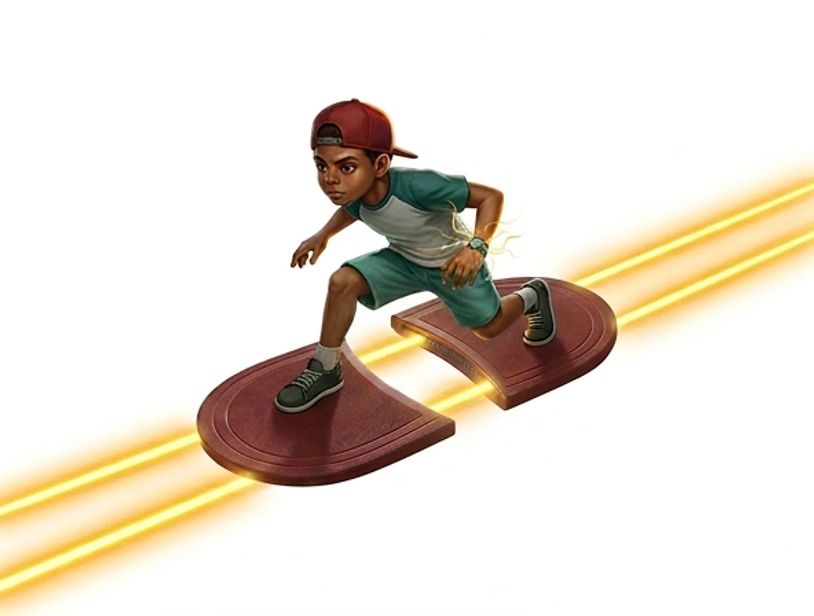 A boy leaps between two halves of a glowing platform, symbolizing action and adventure.
