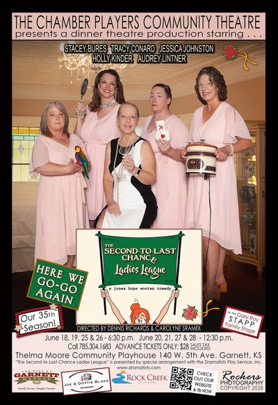 Five women in vintage attire pose for a theatre production poster.