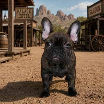 A French Bulldog standing on a dirt street in a Western town setting.