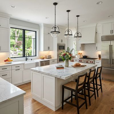 Bright modern kitchen with white cabinets, marble island, and large window.