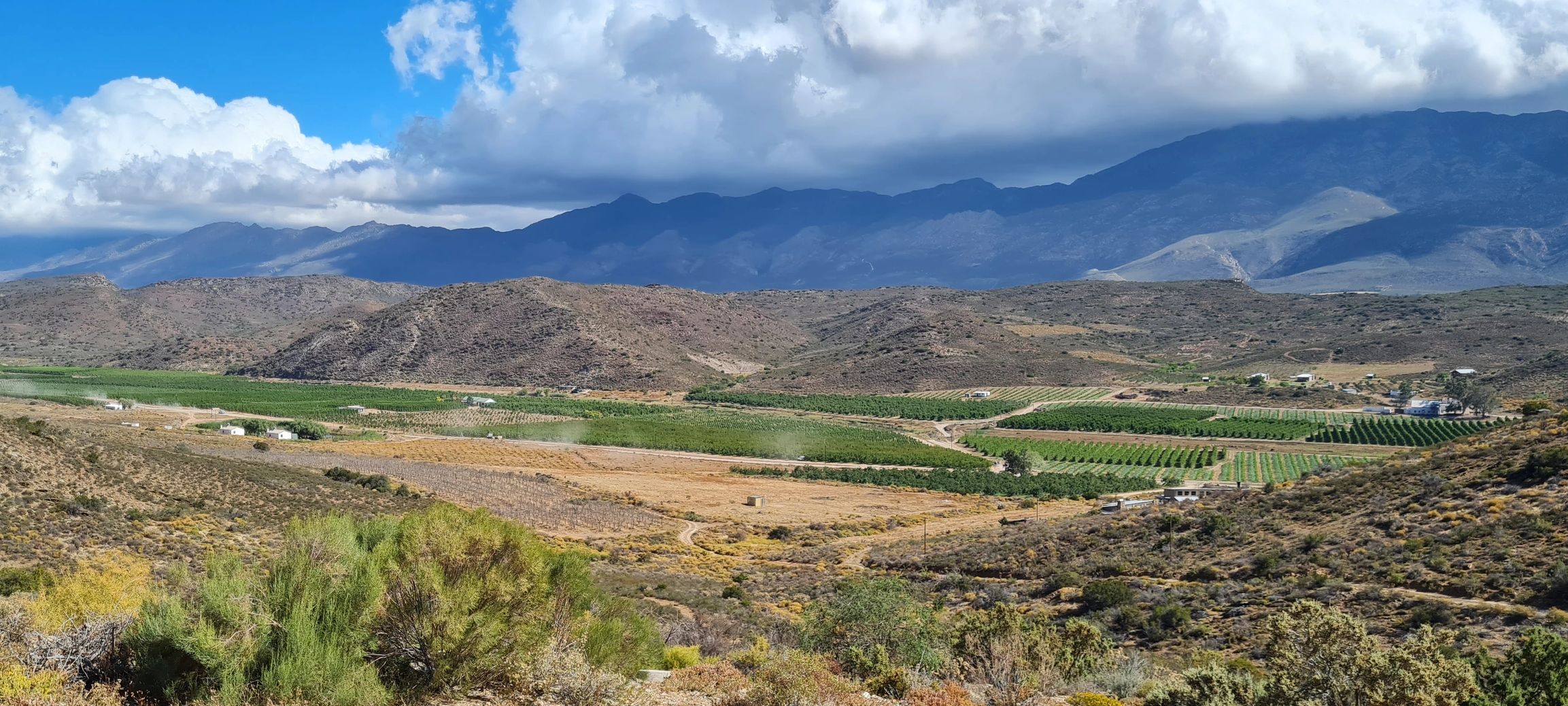 Sprawling farmland with mountains under a partly cloudy sky.