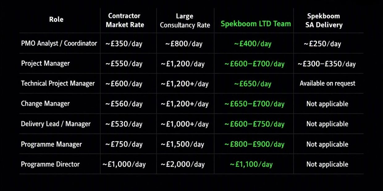 Comparison of daily rates for various managerial roles among contractors, large consultancies, Spekboom LTD Team, and Spekboom SA Delivery.
