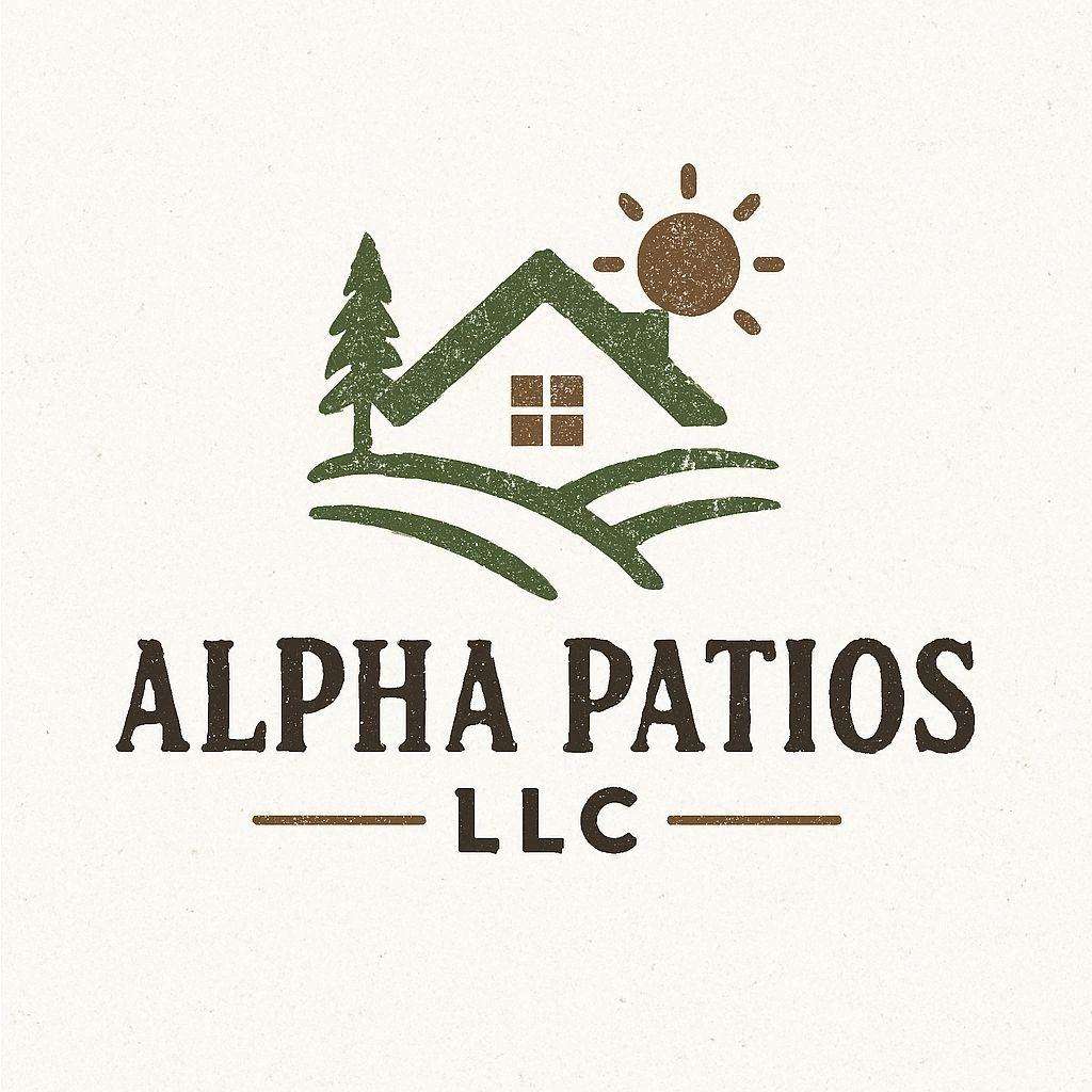 Rustic logo with house, tree, sun, and fields for Alpha Patios LLC.
