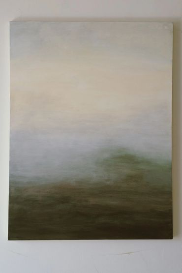 Abstract painting with soft gradient of earthy tones and misty atmosphere.