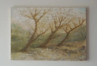 Painting of three blossoming trees in a serene natural setting.