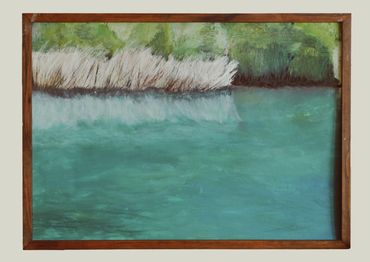 A serene painting of a turquoise riverbank with greenery and reeds.