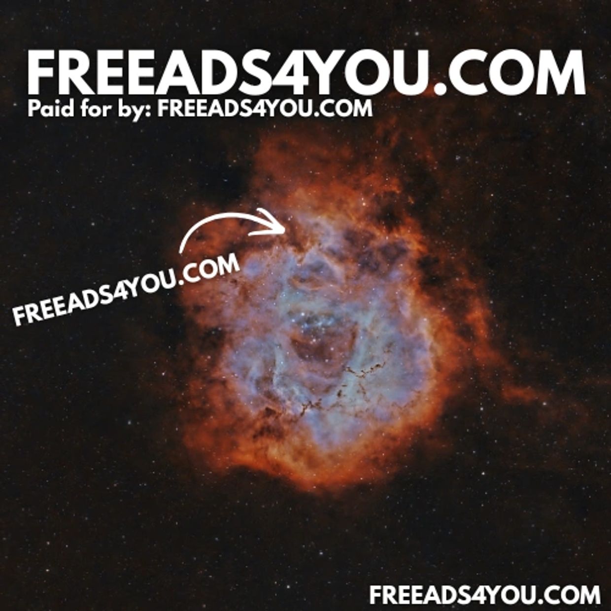 A vibrant cosmic nebula with promotional text for FREEADS4YOU.COM.