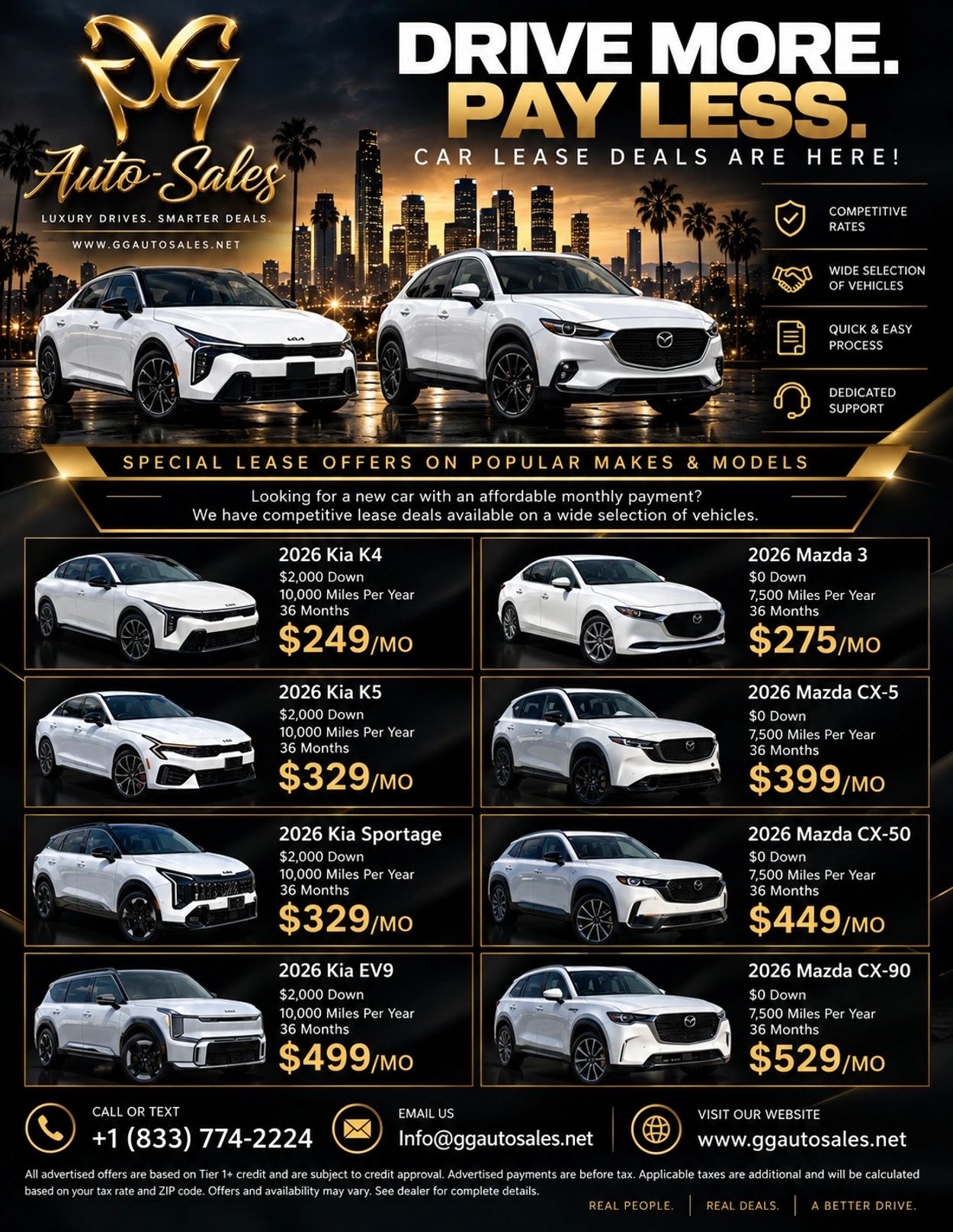 Car lease deals on 2026 Kia and Mazda models with affordable monthly payments.