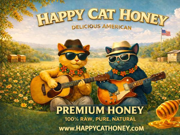 Happy Cats  playing guitar in an American Bee Honey Apiary representing Wolf Howl and Happy Cat Hone