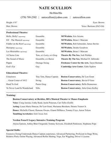 Professional theatre resume for Nate Scullion with roles, education, and training.