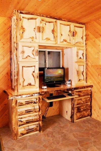 Aspen log desk, computer desk, desk with hutch, office storage, rustic, office organization, log 